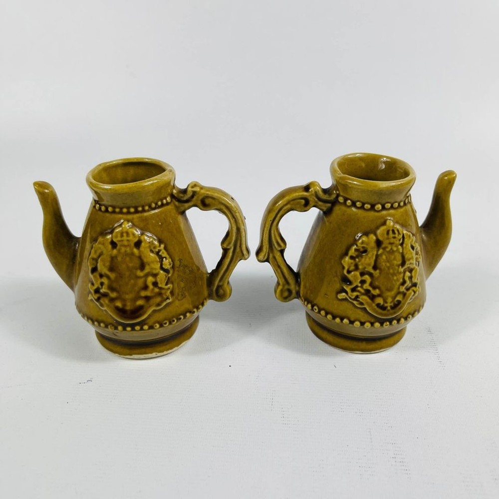 Two Green Vintage Mini Pitchers with Crest 2 3/8”
