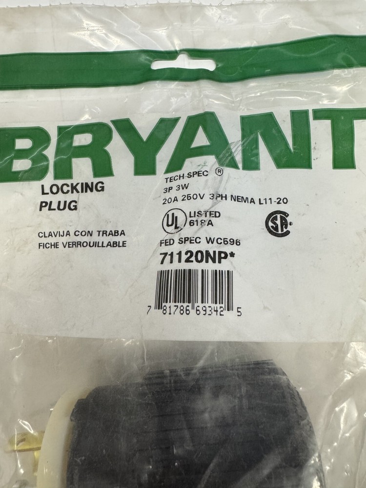 Bryant 71120NP Locking Plug, 3P 3W 20A 250V 3PH