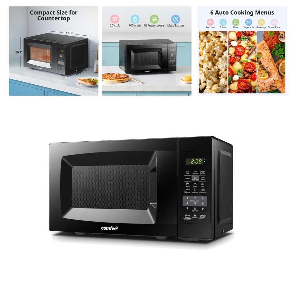 Quiet Compact Countertop Microwave with 9 Cooking Programs & Safety Lock - Black