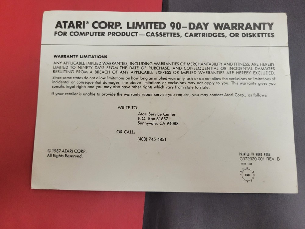 atari 90 day warranty insert