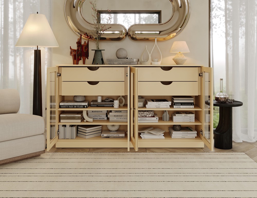 100% Solid Wood 64" Sideboard with Clear Glass Doors and 4 Drawers