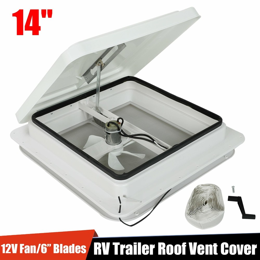 14"RV Trailer Roof Vent Complete 12V Fan w/ 6"Blades White Lid  Interior Garnish