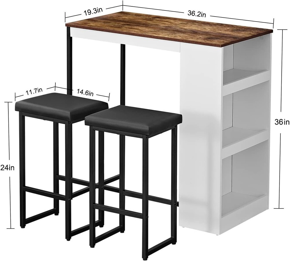 3 Piece Dining Table Set Kitchen Bar Table with Two Stool Storage Shelves Woo...