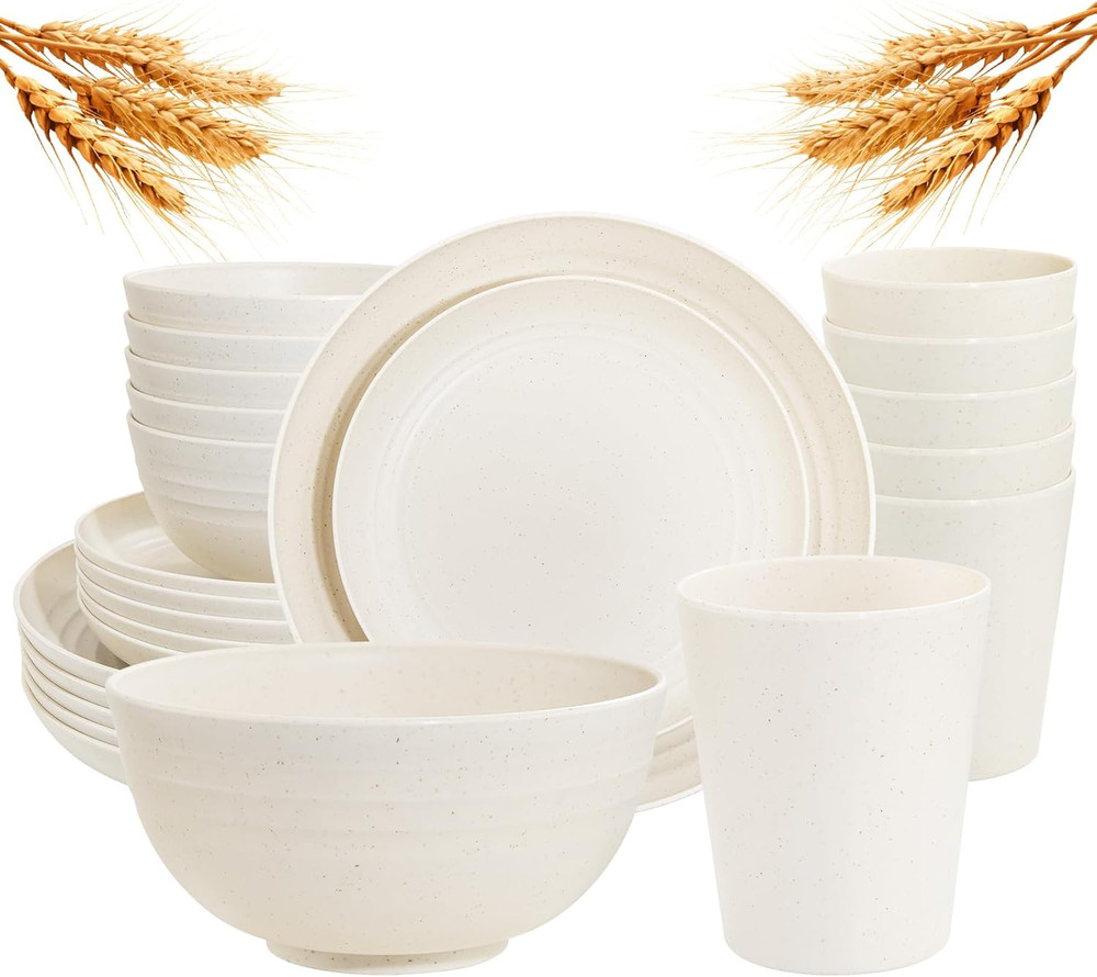 24 Pcs Wheat Straw Dinnerware Sets, Unbreakable Reusable Plastic Wheat Straw Bow