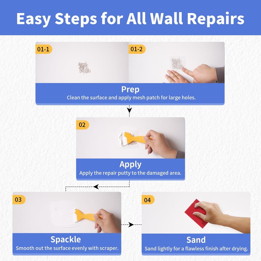 Drywall Repair Kit (18 oz) - Spackle Wall Paste with Scraper & White
