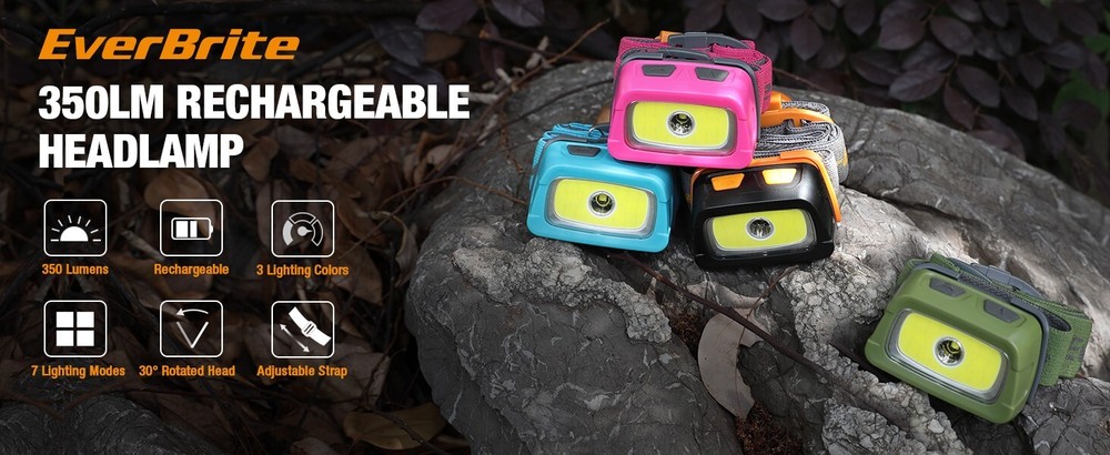 EverBrite Rechargeable Headlamp 350 Lumens w/Red Light&Memory Function 7 Modes