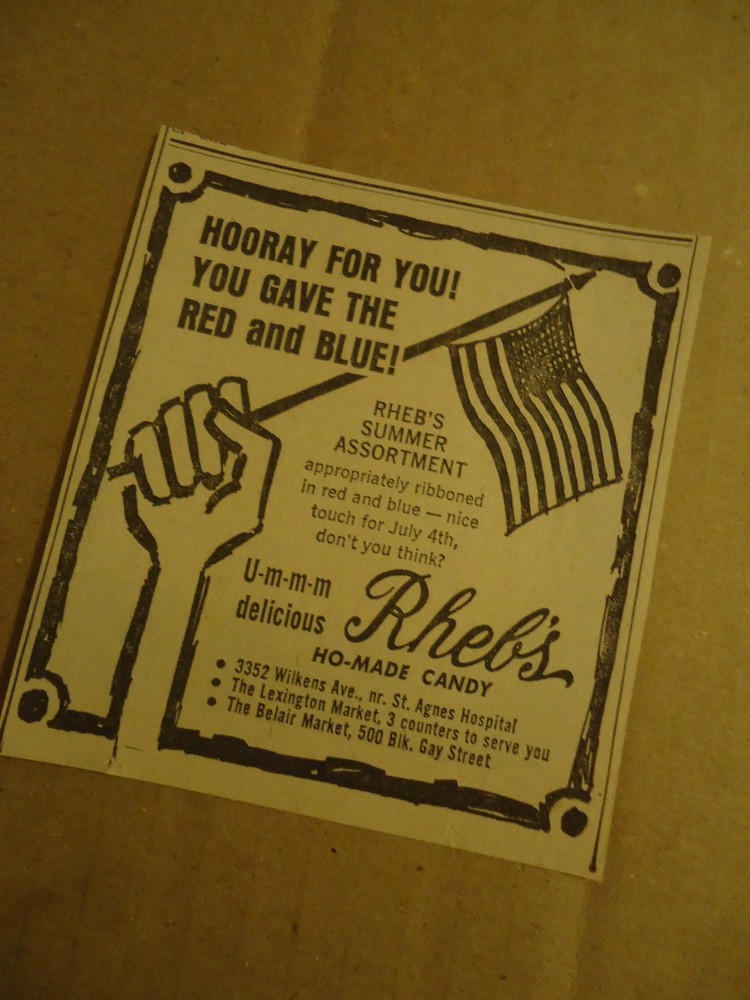 Rheb's Candy BALTIMORE MD 1963 newspaper ad
