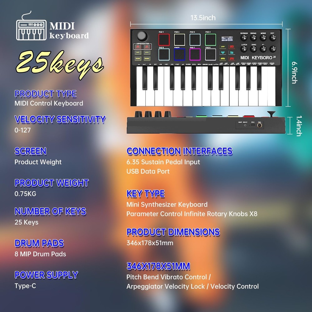 25Key USB MIDI Keyboard Controller with Backlit Pads and Knobs for Production