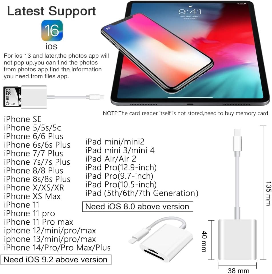 SD Card Reader for iPhone/iPad,[Apple MFi Certified] 2 in 1 Lightning, White