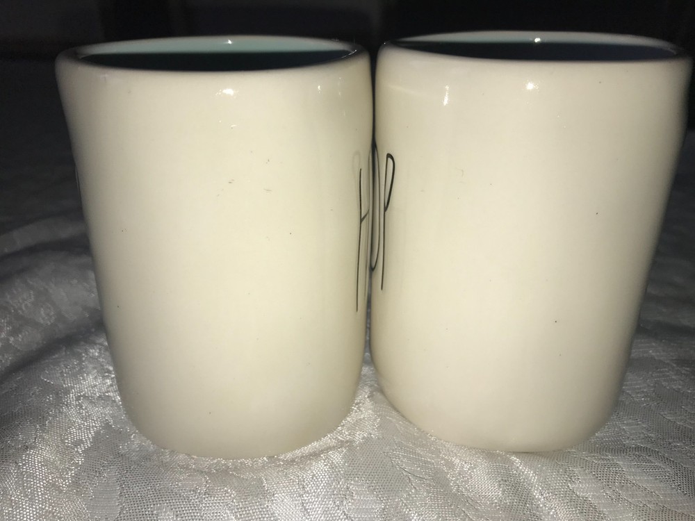 2 Rae Dunn HIP/HOP Easter BUNNY Rabbit BLUE Inside DOUBLE SIDED 16oz MUG Cup 4½"