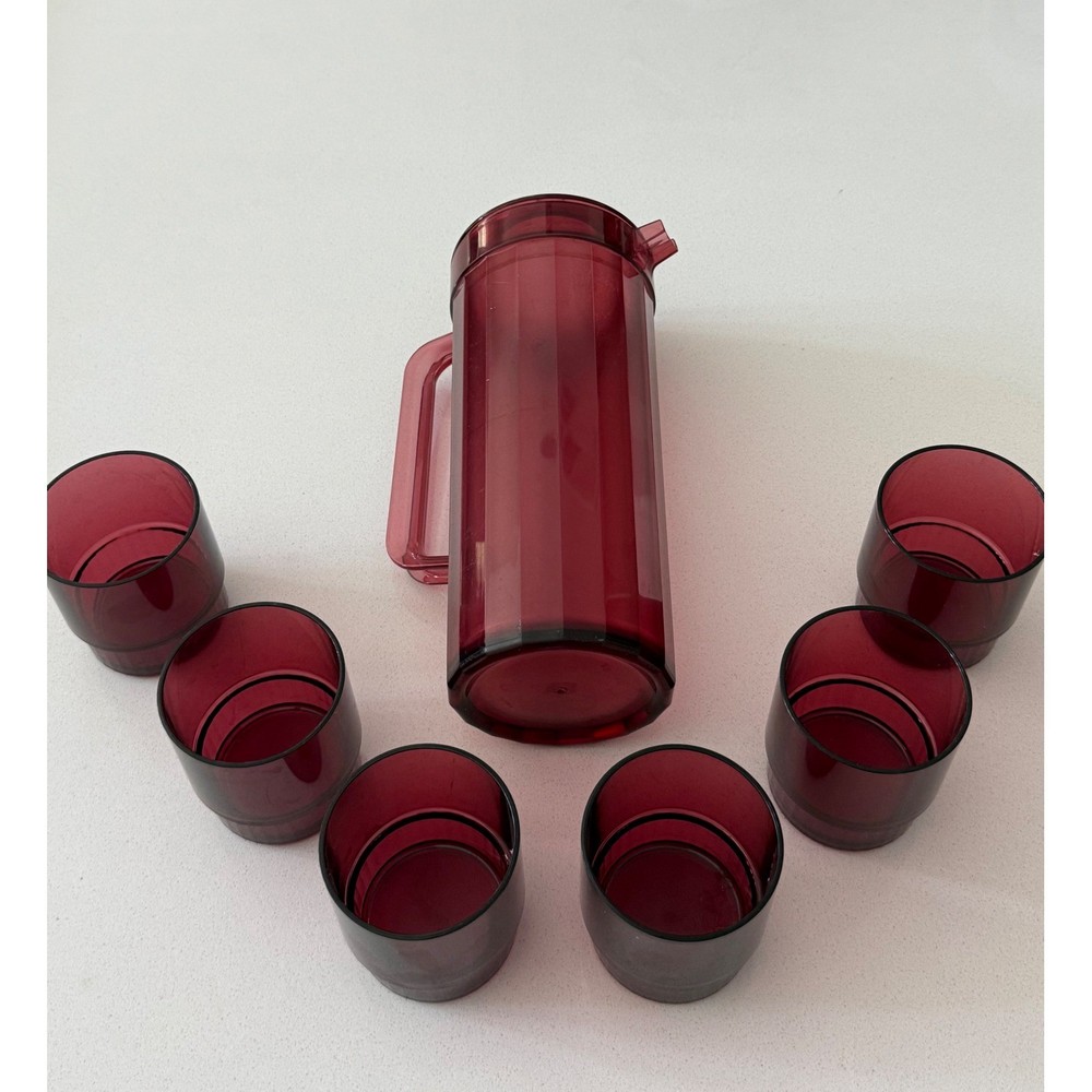 Vtg Tupperware Impressions Ruby Red Pitcher & 6 Stackable 10oz Tumblers Set 7pc