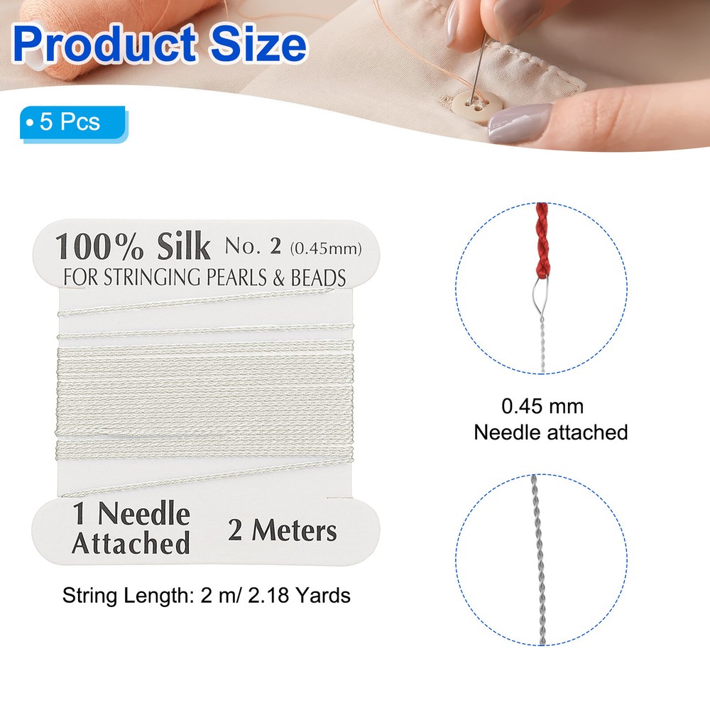 Silk Cord Thread, 5 Pcs Pure Silk Beading Thread Cord Size 0.45 mm, White