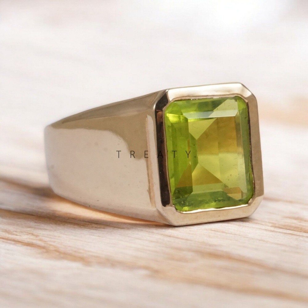 Peridot Emerald Cut With 14K Solid Gold Ring For Men's #A42