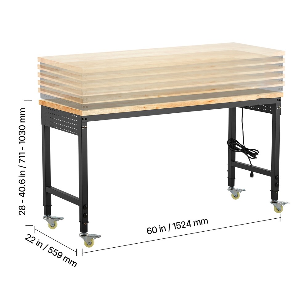 60" Workbench on Wheels Adjustable Height Table with Power Outlet & Pegboard