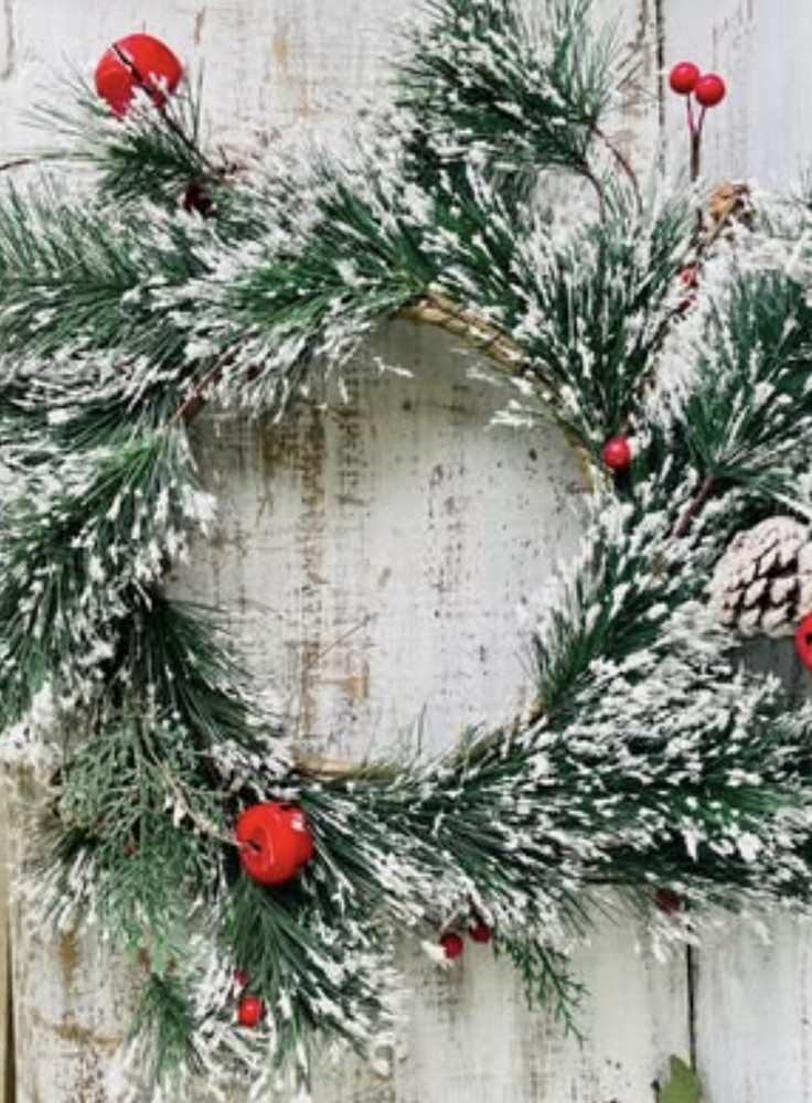 Snowy Pine With Red Bells & Berries Wreath