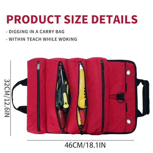 Tool Roll Bag, Tool Bag Organizer, Tool Carrier Roll UP Storage Pouches Red