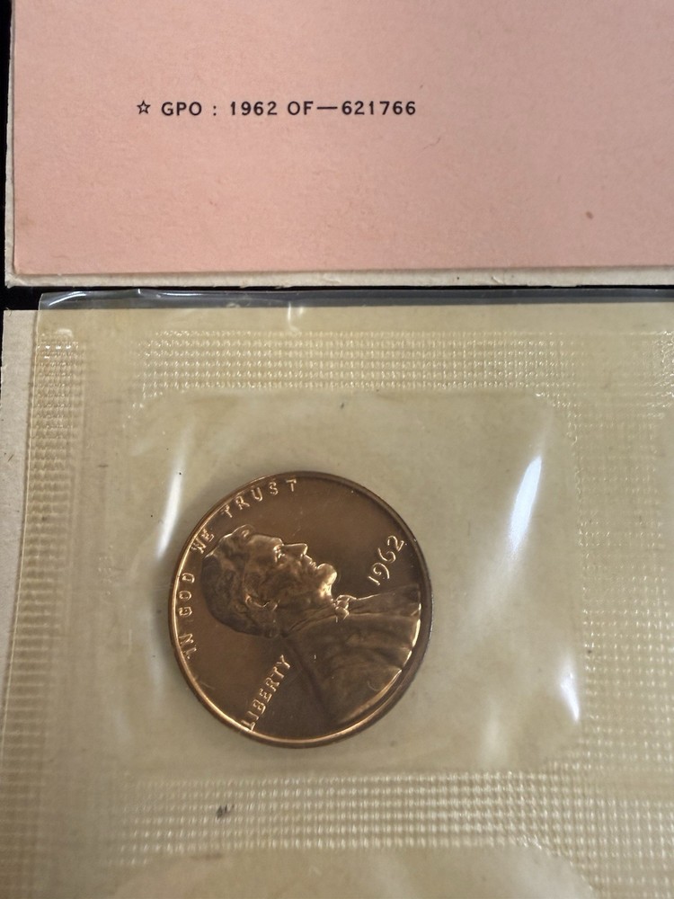 1962 US Mint Proof Set 5 BU Coins 90% Silver Original Envelope & Cello Flat Pack