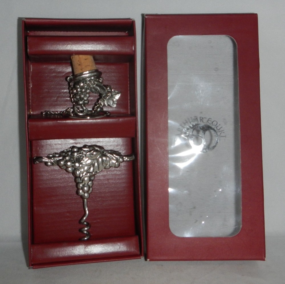 Arthur Court Silver Grape Leaves Pattern Wine Corkscrew & Bottle Stop Topper Set