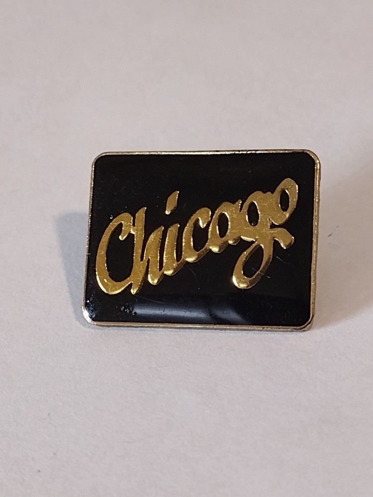 CHICAGO Gold Toned Cursive Lettering Black Rectangle Lapel Tack Pin