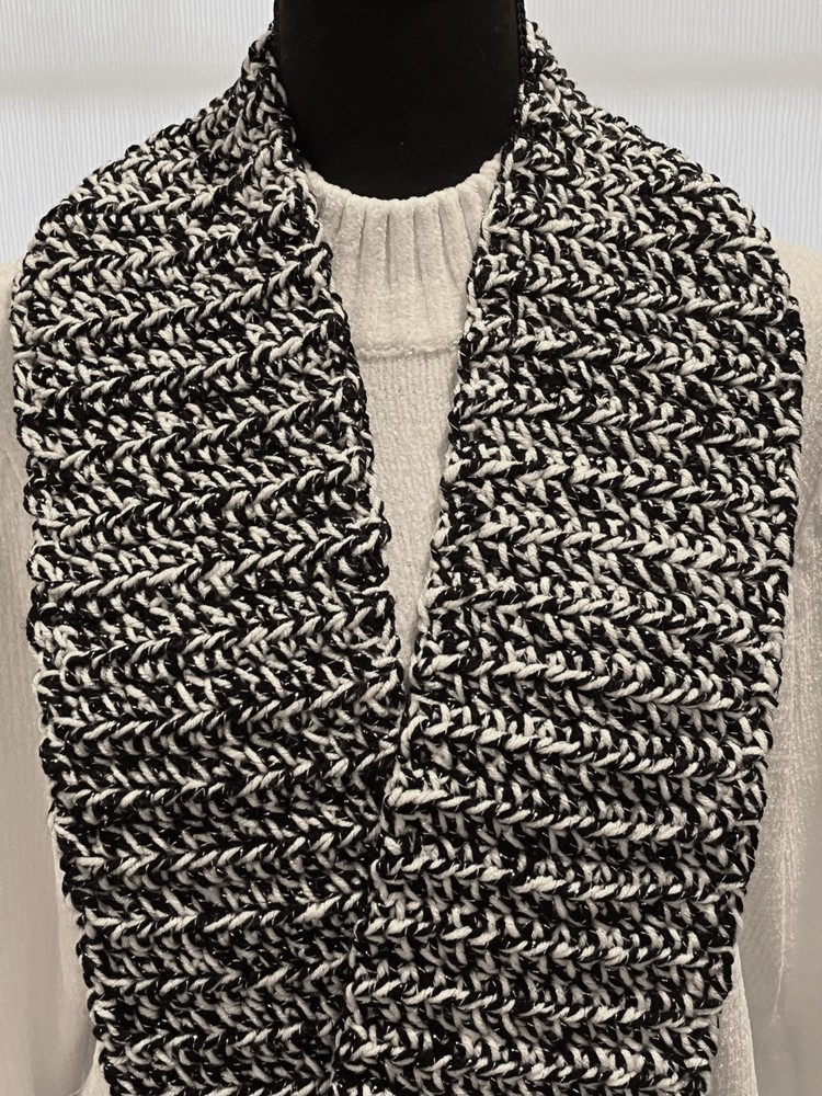 Black and White Crocheted Scarf Brightened with Sparkle Thread