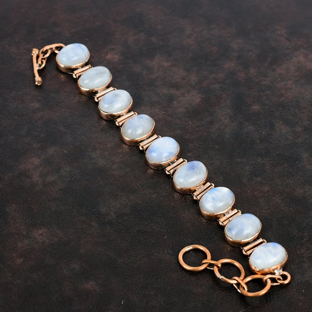 Rainbow Moonstone Adjustable Bracelet Handcrafted Copper Valentine Gift 6.0"