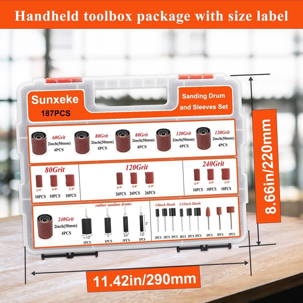 187-Piece Sanding Drum Kit for Drill & Drill Press – Includes 2inch Spindl