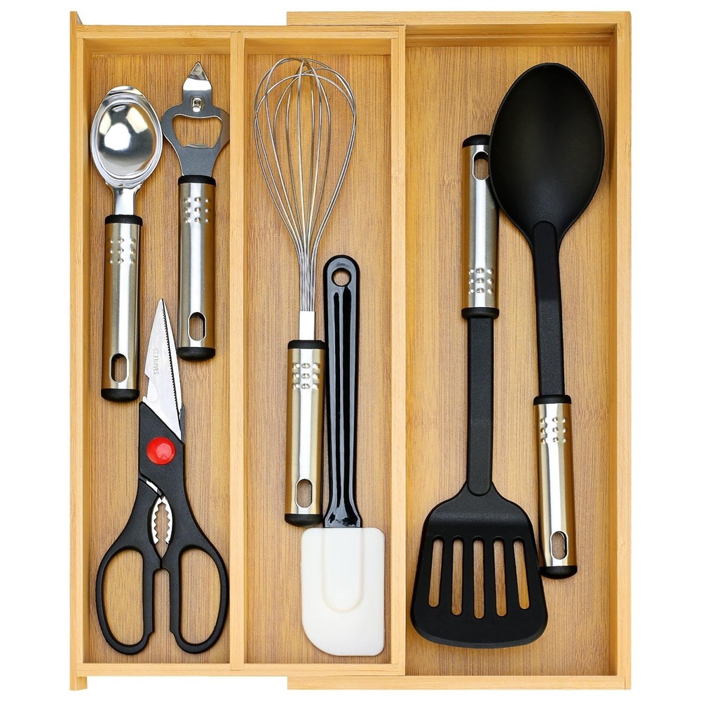 Large Bamboo Silverware Drawer Organizer Tray Kitchen Tool Drawer Divider Org...