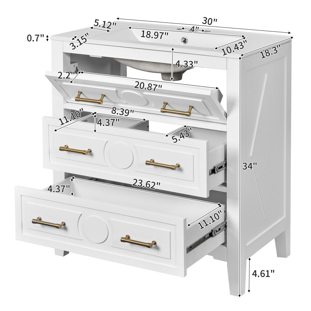 30'' Bathroom Vanity w/Ceramic Sink Combo 3 Drawers, Solid Wood Storage, White