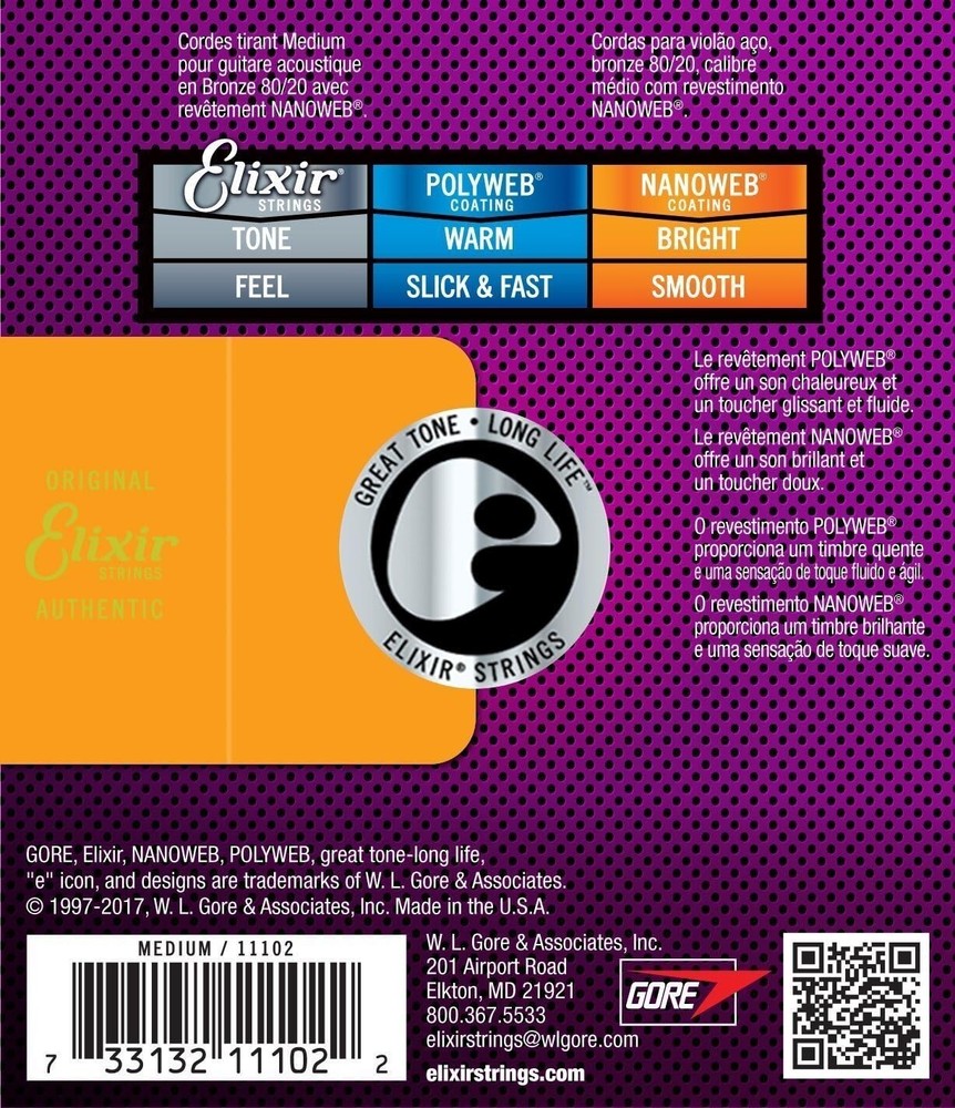 Elixir 11102 Nanoweb 80/20 Bronze Acoustic Guitar Strings .013-.056 Medium