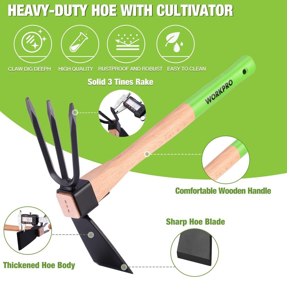 WORKPRO Hoe and Cultivator Garden Rake with 14" Wooden Handle Tools for Digging