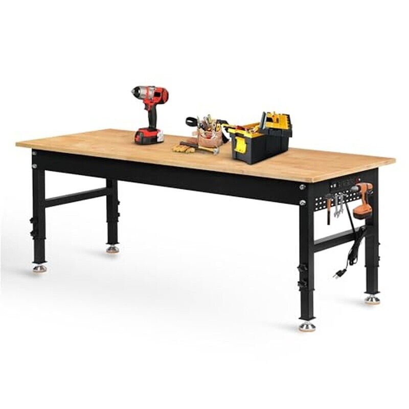 70 In Adjustable Height Workbench 2000LB Heavy Duty Table Power Outlets Pegboard
