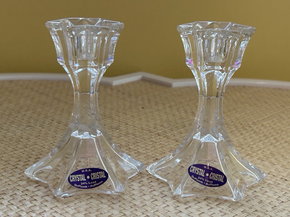 2 PIECE PAIR OF CRYSTAL CANDLESTICK HOLDERS 4" TALL EXCELLENT CONDITION