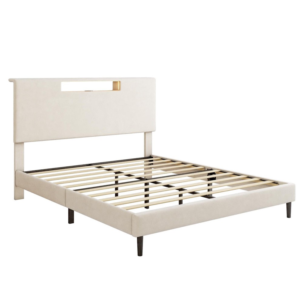 Upholstered Platform Bed Large Size Frame With LED Light And Charging Function