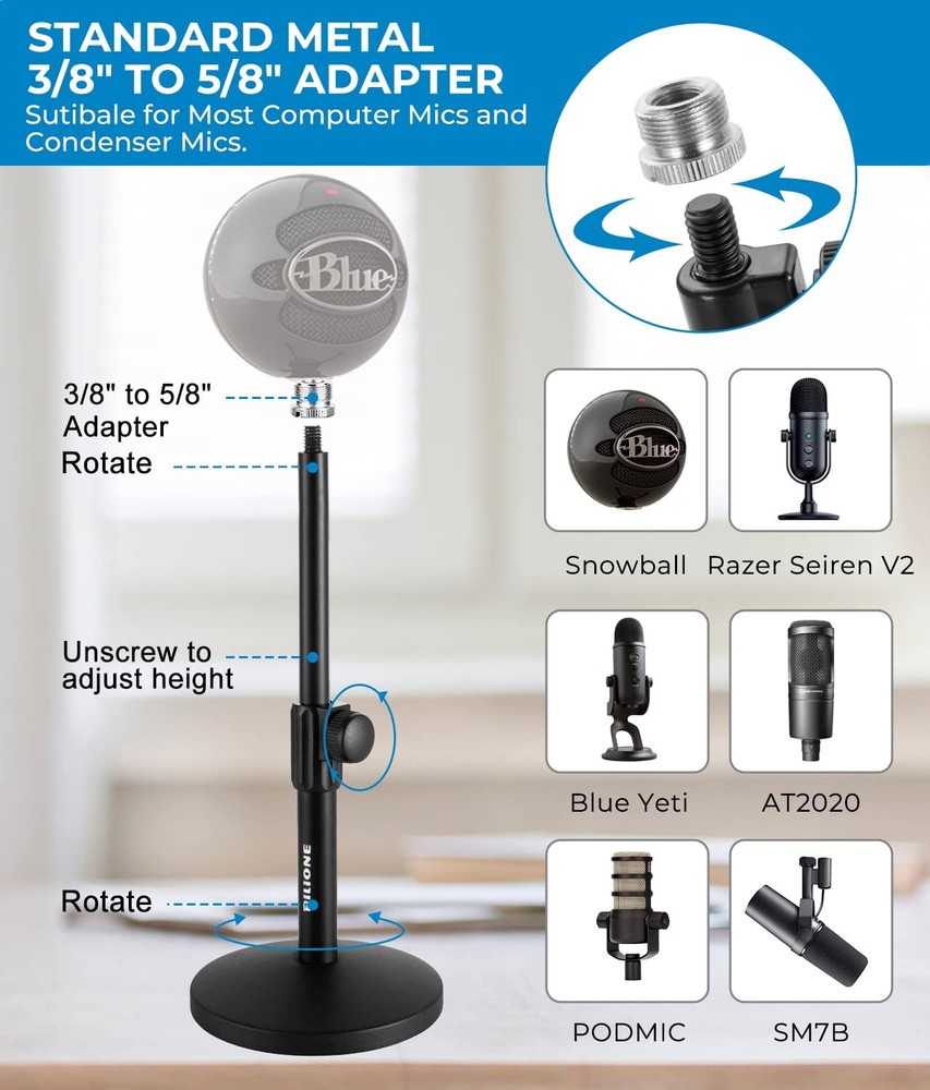 Multifunctional Desktop Microphone Stand, Adjustable Mic Stand Desk with Pop Fil
