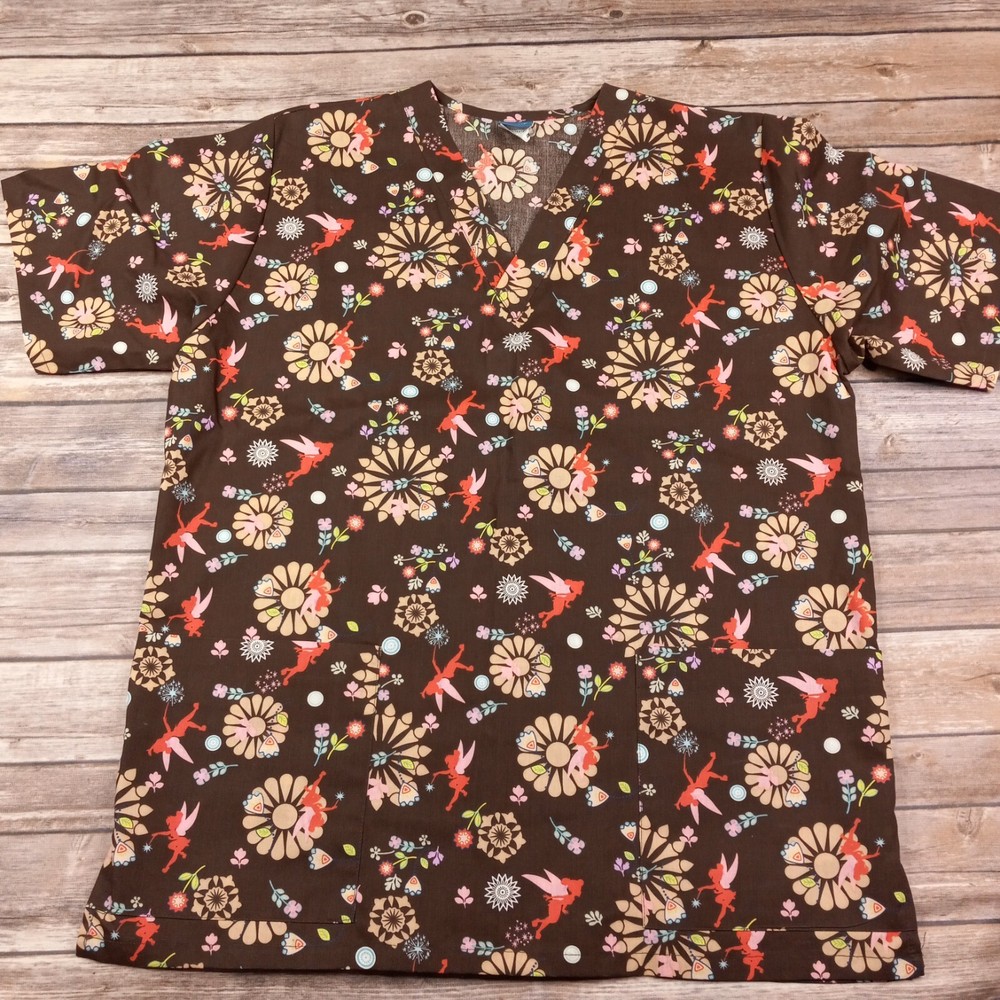 Disney Tinkerbell Small Scrub Top Brown Floral
