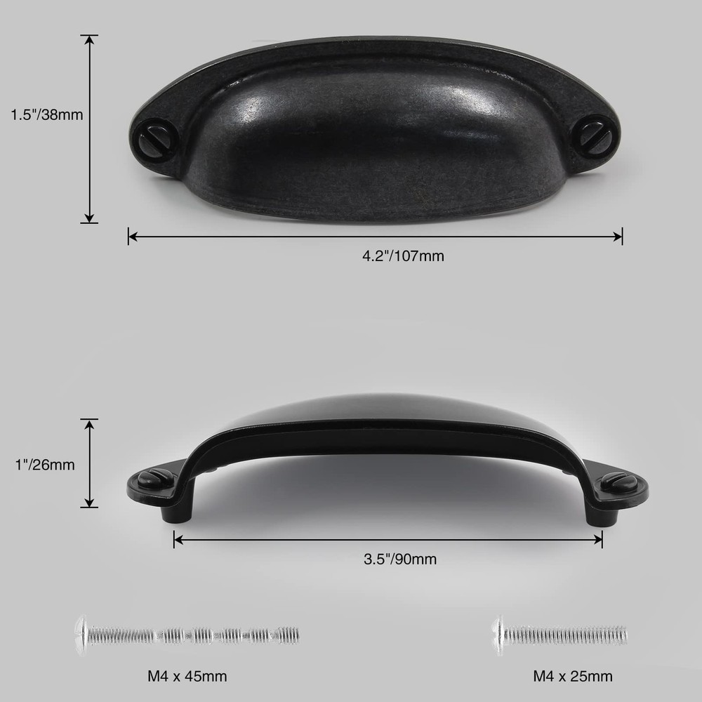 6PCS Black Drawer Pulls, 3.5" Hole Center Cabinet Cup Pull, Vintage Shell Metal