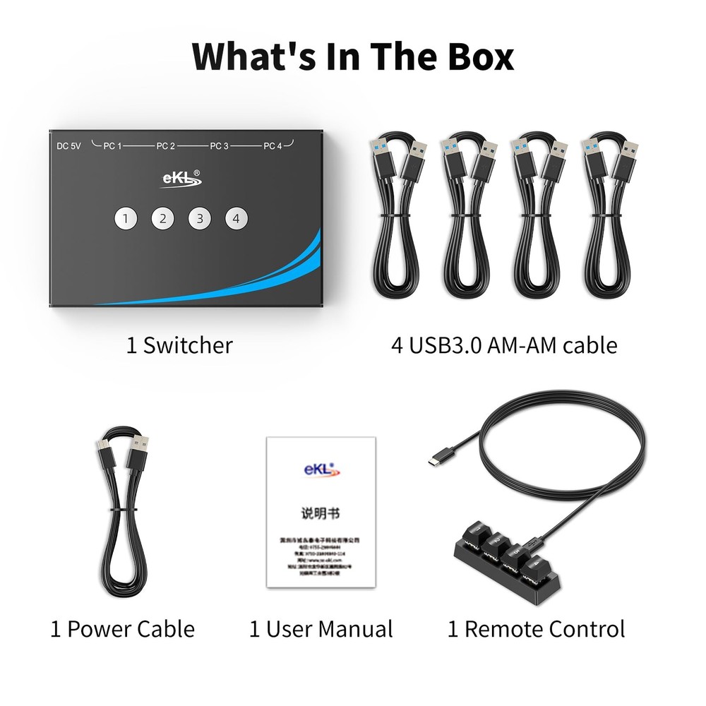 eKL USB 3.0 Switch 4 Computers Sharing USB Peripherals, 4 Port USB Switcher Shar