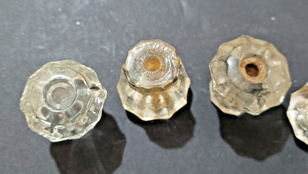 6 Clear Glass 10 Sided Drawer Pull Knobs Vintage 1-1/8" tall