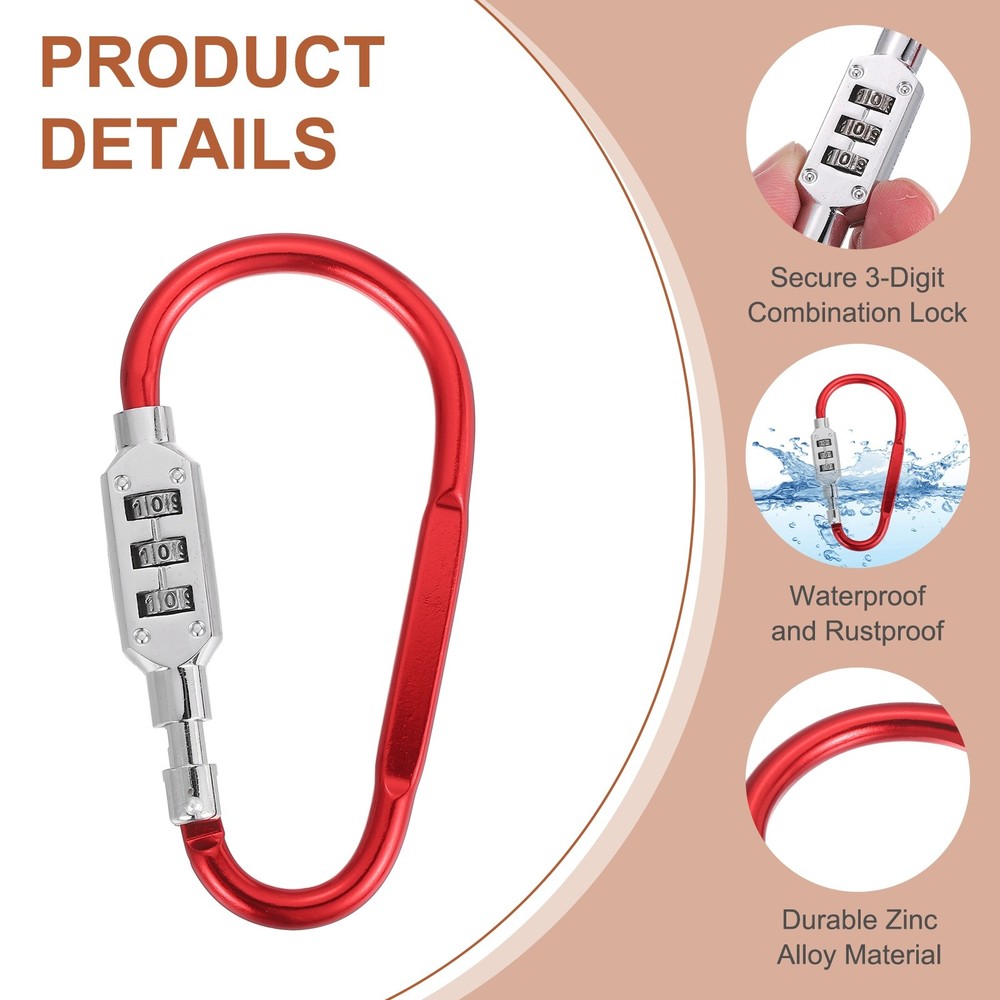 4.8" x 2.4" D-Shaped 3-Digit Code Combination Lock D-Ring Clip Locking, Red