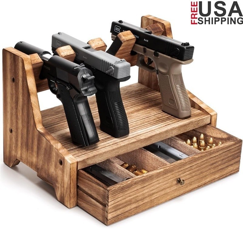 Pistol Organizer Rack Solid Wood Handgun Storage Carpeted Drawer Easy Install US