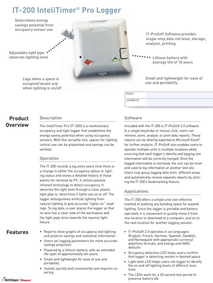 Wattstopper IT-200-PC InteliTimer Pro Occupancy Sensor and Light Logger White