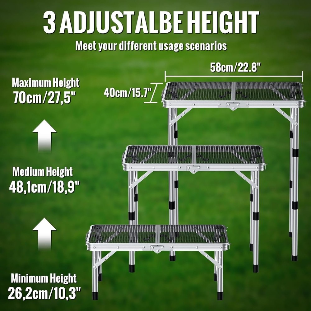 Showorch Adjustable Height Camping Table 27.5" Aluminum Folding Grill Mesh Table