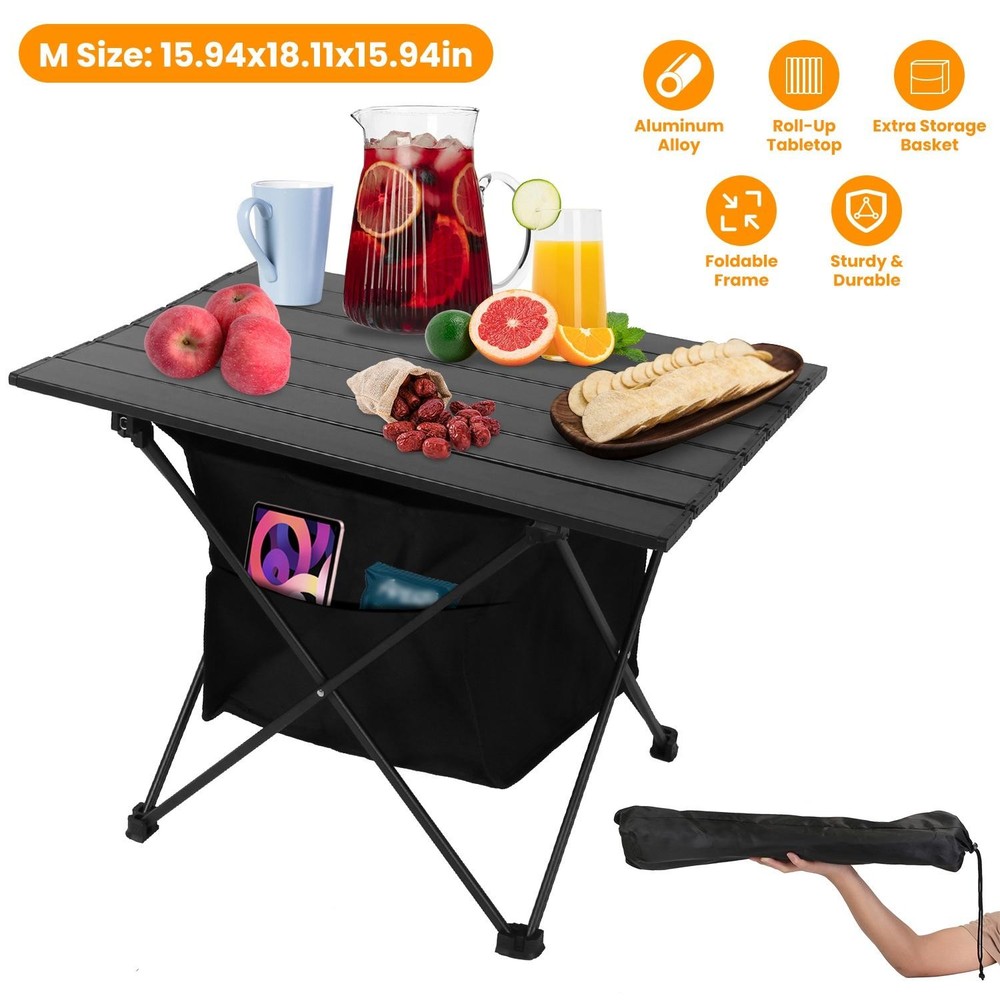 Foldable Camping Table Rustproof Portable Aluminum Alloy Roll-Up Table w/ Basket