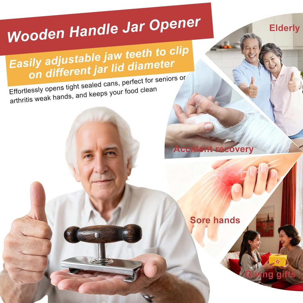 Adjustable Jar Opener Solid Oak Wood Handle - Cap Crack Kitchen Aid for Seniors