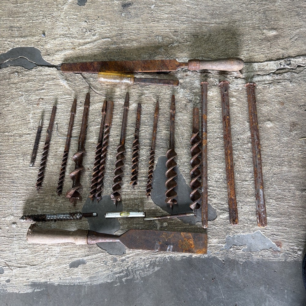 Vintage Antique Tool Mixed Auger Bit , Drill Bits , Wood Handle Tools , Level &?
