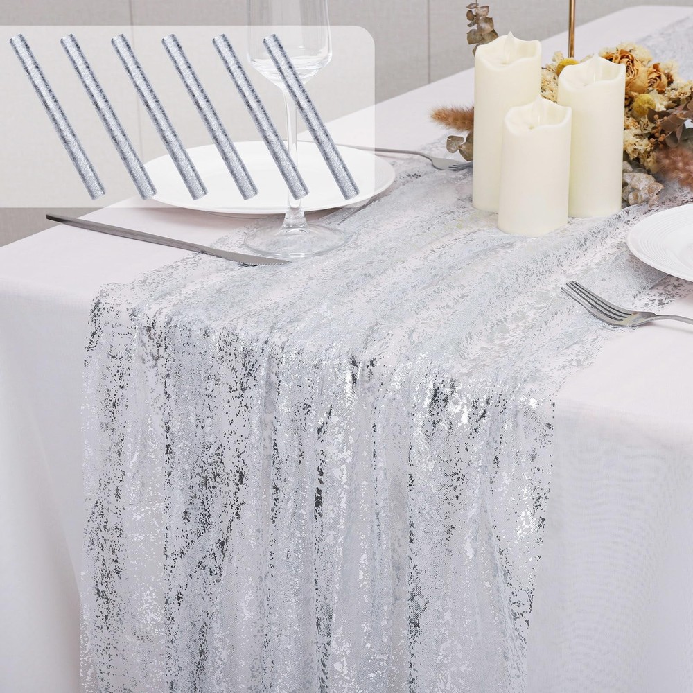 Silver Table Runner 6 PCS 10Ft Sheer Chiffon Cheesecloth Sequin Glitter Wedding