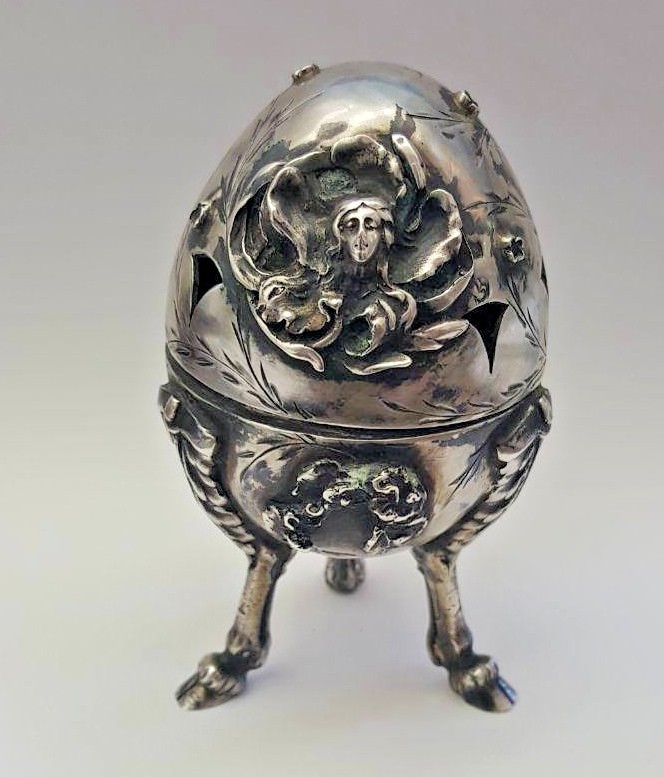 CIRCA 1886 RUSSIAN EGG 84 SILVER WITH RUBY & BLUE STONE