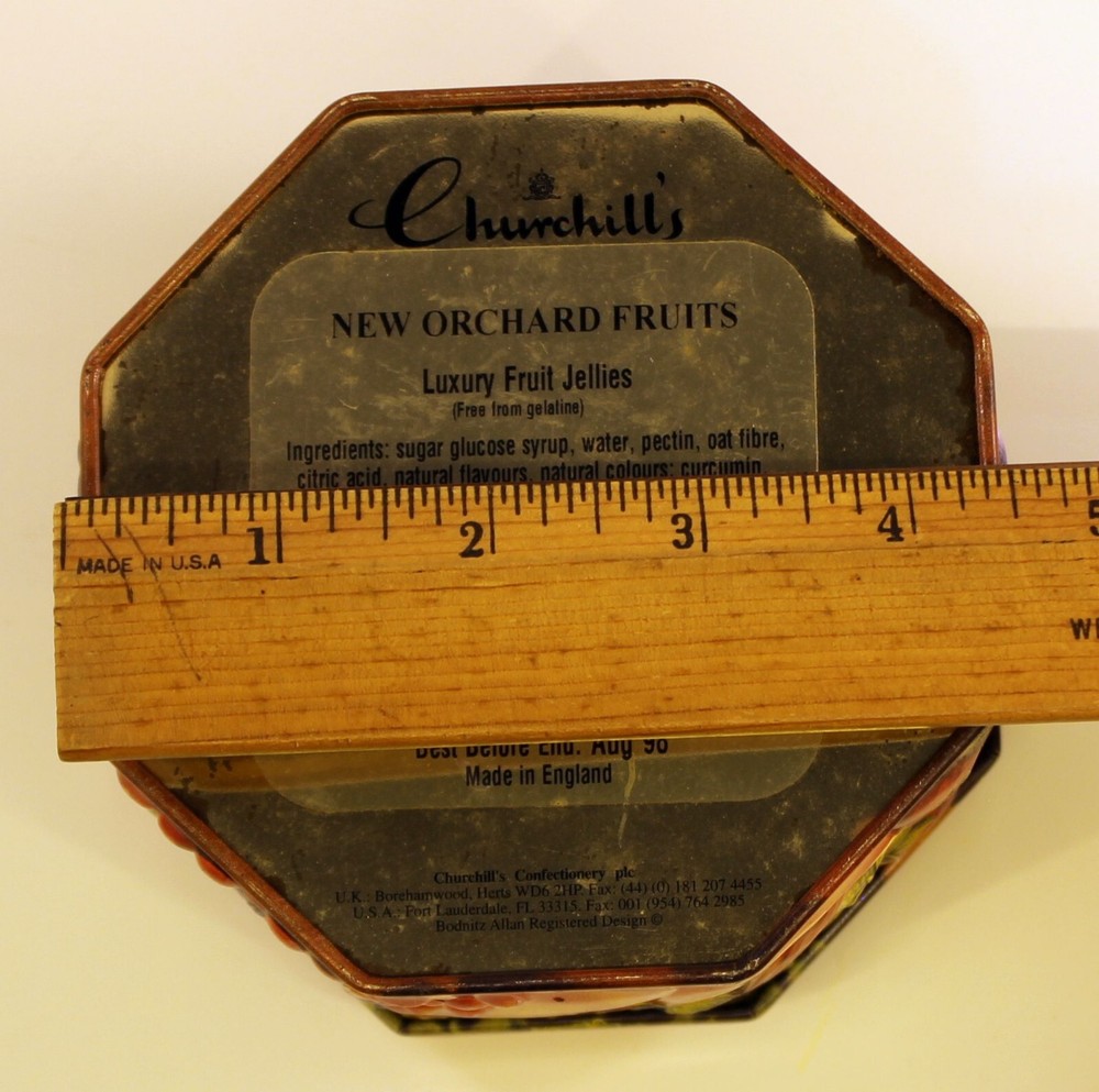 1998 Churchill's Fruit Jellies Embossed Octagonal Tin Empty 3.75" Tall