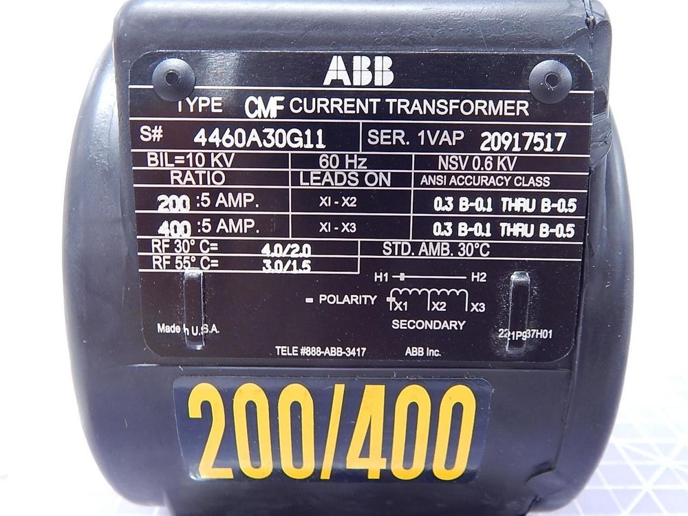 ABB 4460A30G11 TYPE CMF CURRENT TRANSFORMER RATIO 200/400:5A