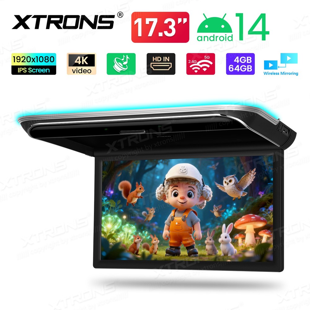 17.3" Car Ceiling Mount TV Android 14 Flip Down Screen 4K Octa Core HDMI WiFi